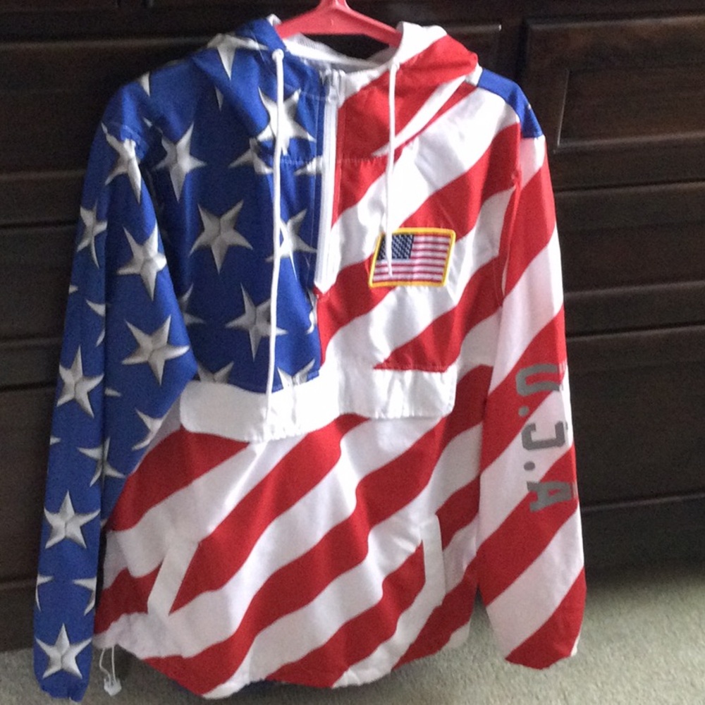 Brooklyn Cloth Red White and Blue American Flag Windbreaker Hooded Jacket